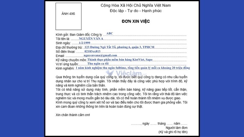 Mẫu đơn xin việc thu ngân dùng chung
