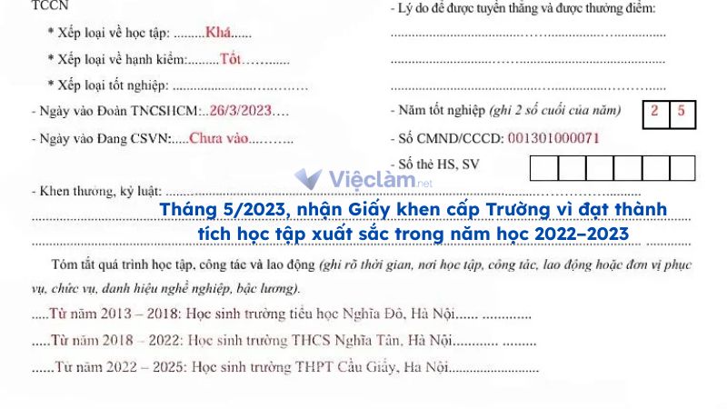 Cách ghi khen thưởng trong sơ yếu lý lịch