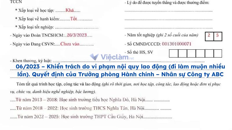 Cách ghi kỷ luật trong sơ yếu lý lịch