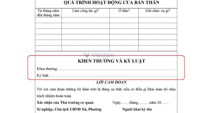 Mục khen thưởng và kỷ luật trong sơ yếu lý lịch