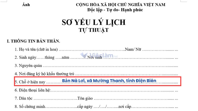Cách điền chỗ ở hiện nay trong sơ yếu lý lịch