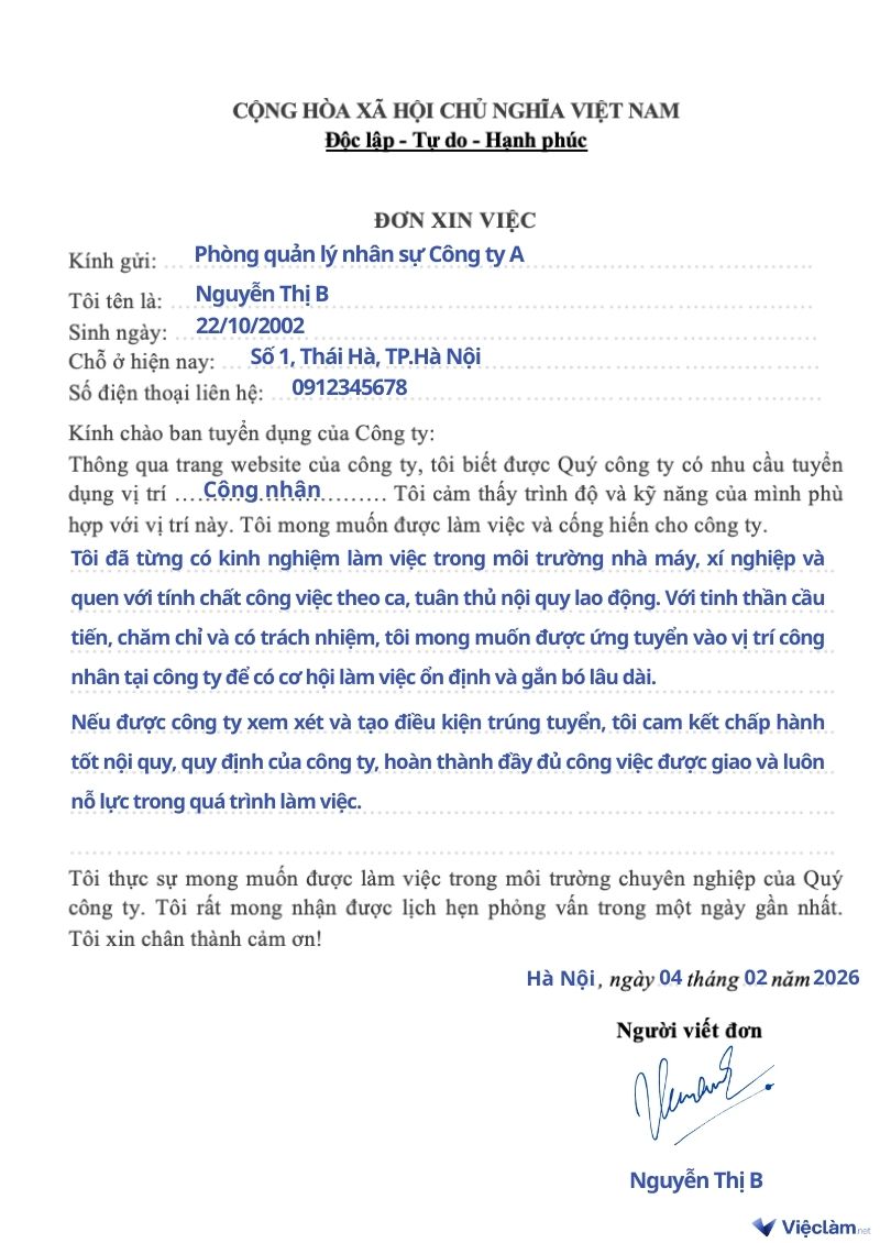 Cách ghi đơn xin việc làm trong hồ sơ xin việc làm công nhân