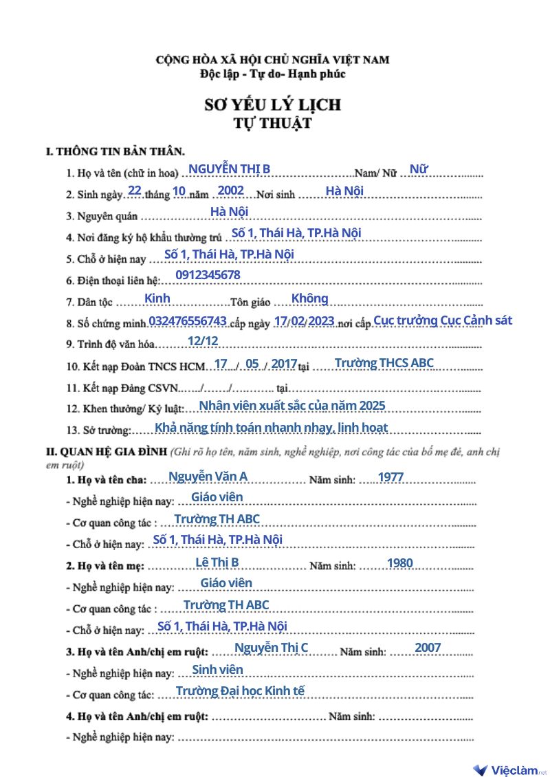 Cách điền trang 1 sơ yếu lý lịch cho hồ sơ xin việc công nhân