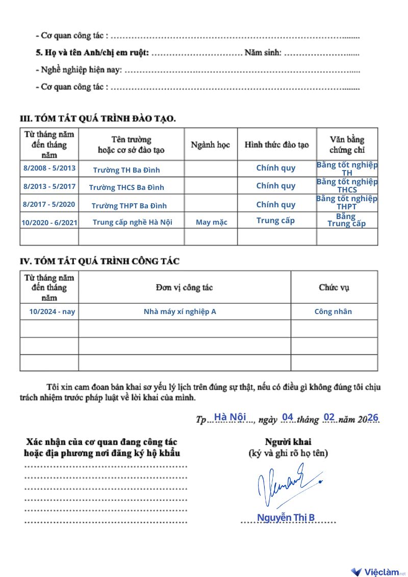 Cách điền trang 2 sơ yếu lý lịch cho hồ sơ xin việc công nhân