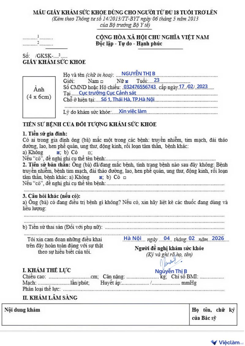 Cách ghi thông tin trên Giấy khám sức khoẻ trong hồ sơ xin việc công nhân