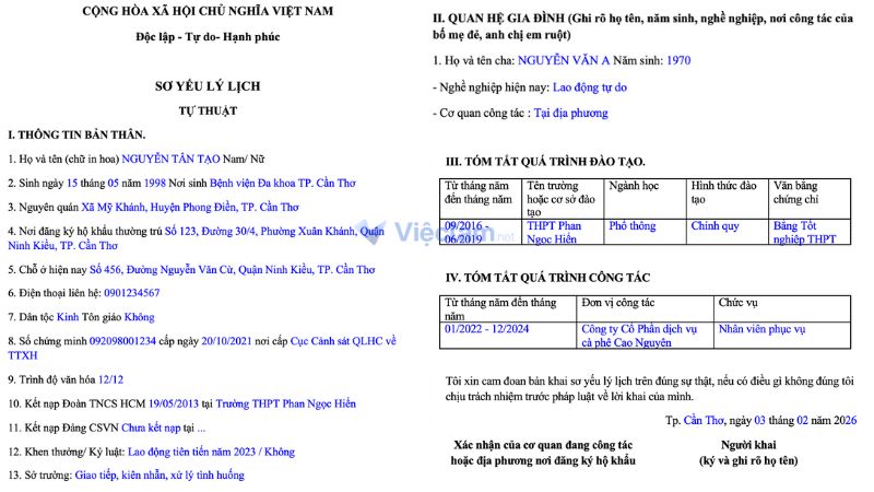 Cách điền sơ yếu lý lịch cho nhân viên phục vụ