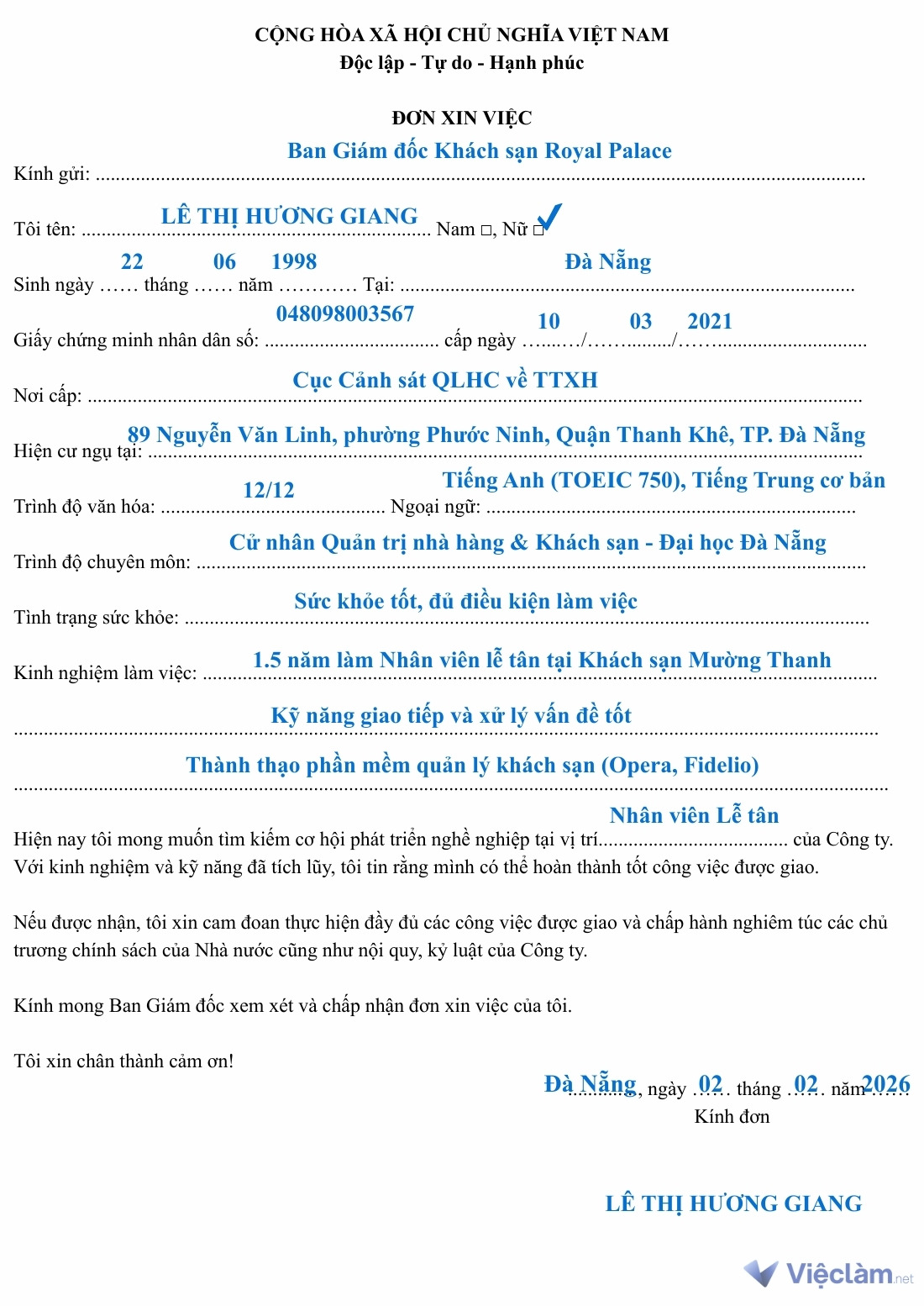 Tham khảo Mẫu đơn xin việc Nhân viên lễ tân