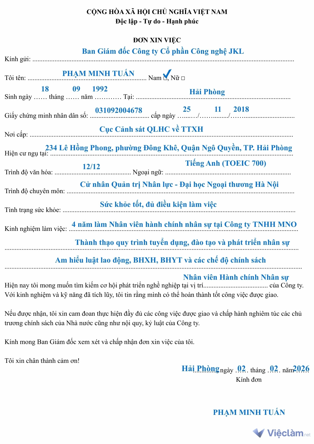 Tham khảo Mẫu đơn xin việc Nhân viên hành chính nhân sự