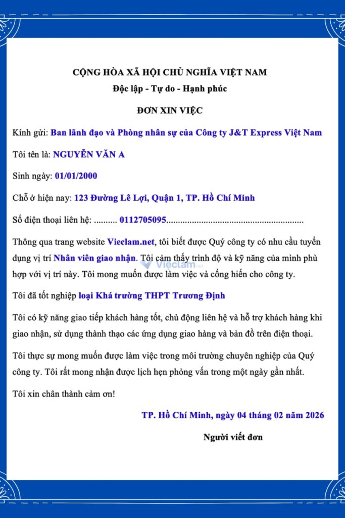 Mẫu đơn xin việc shipper J&T EXpress điền sẵn