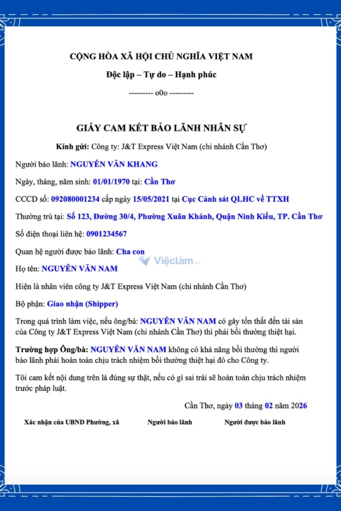 Mẫu giấy cam kết bảo lãnh dân sự điền sẵn