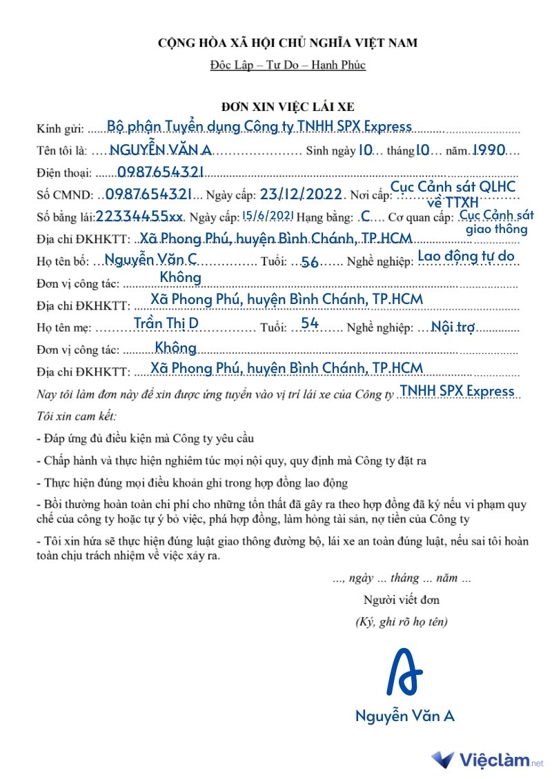 Mẫu hướng dẫn điền đơn xin việc tài xế lái xe