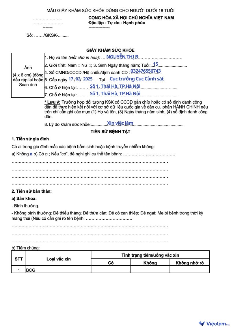 Hướng dẫn viết Giấy khám sức khỏe cho người dưới 18 tuổi