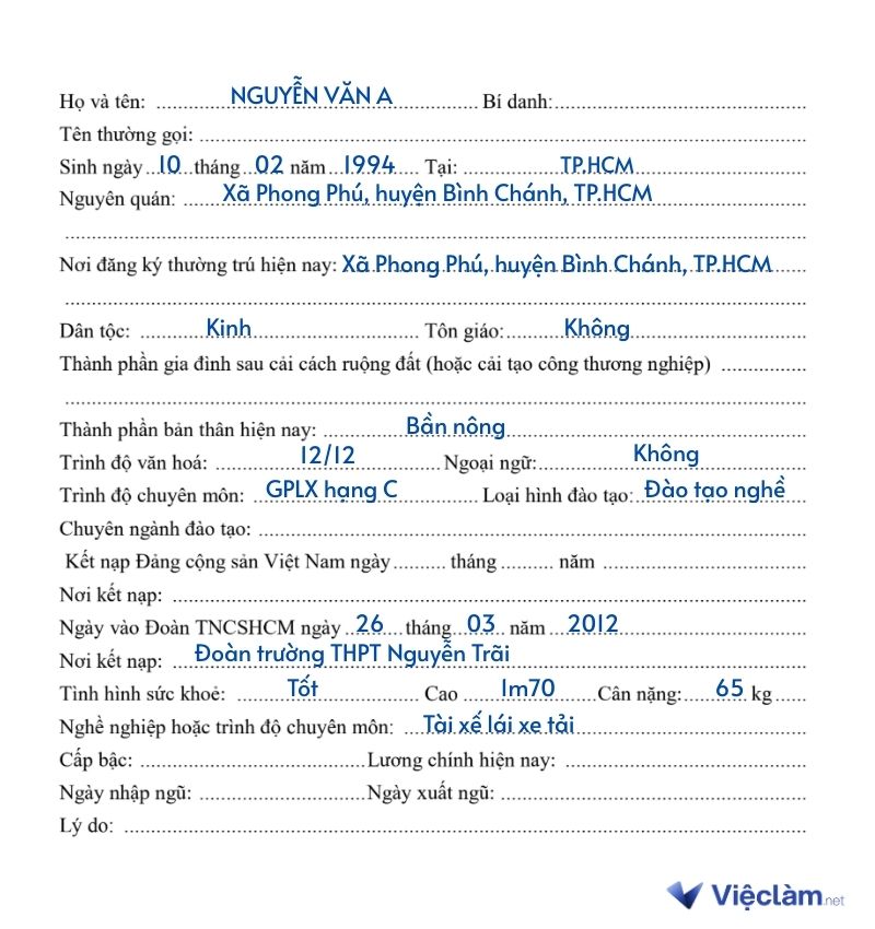 Hướng dẫn điền thông tin cá nhân trong sơ yếu lý lịch tự thuật