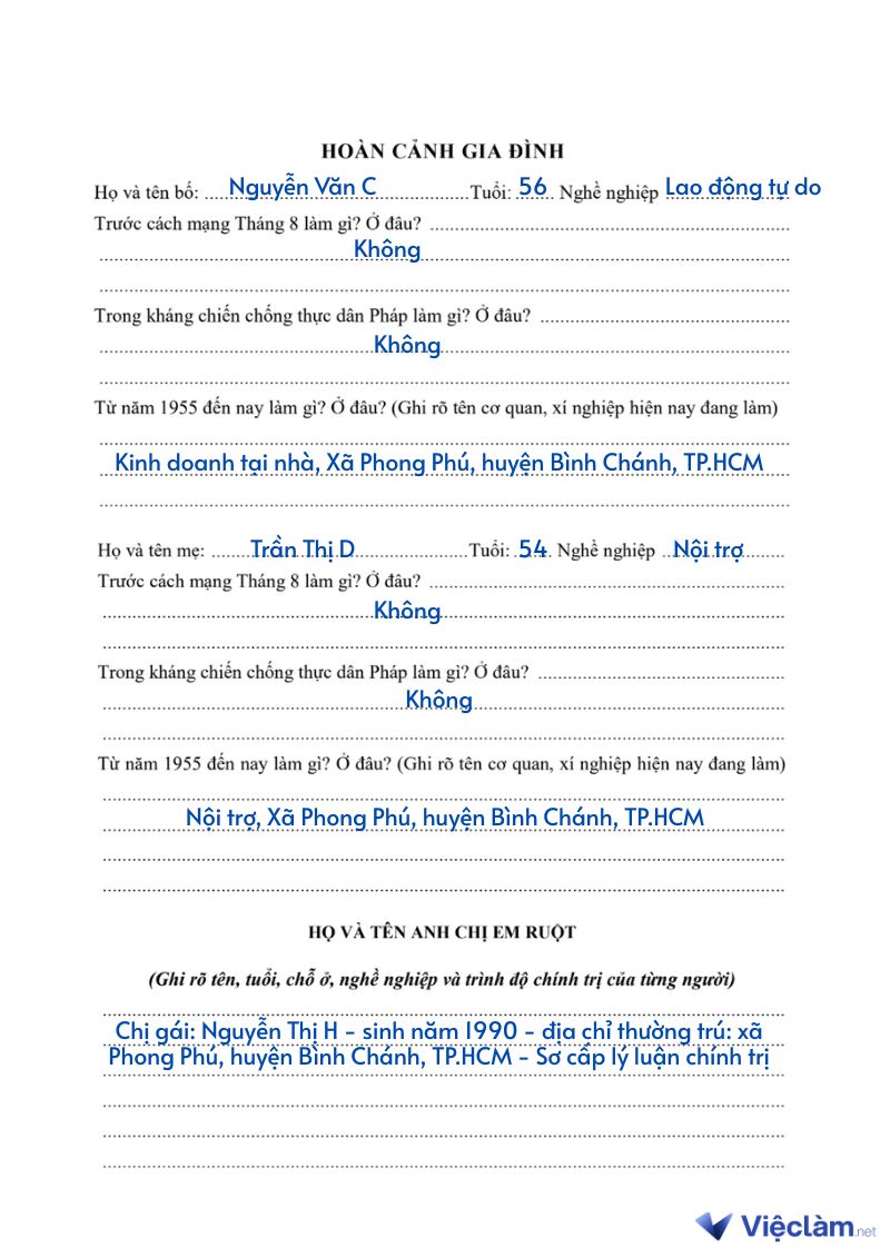 Hướng dẫn điền hoàn cảnh gia đình trong sơ yếu lý lịch tự thuật