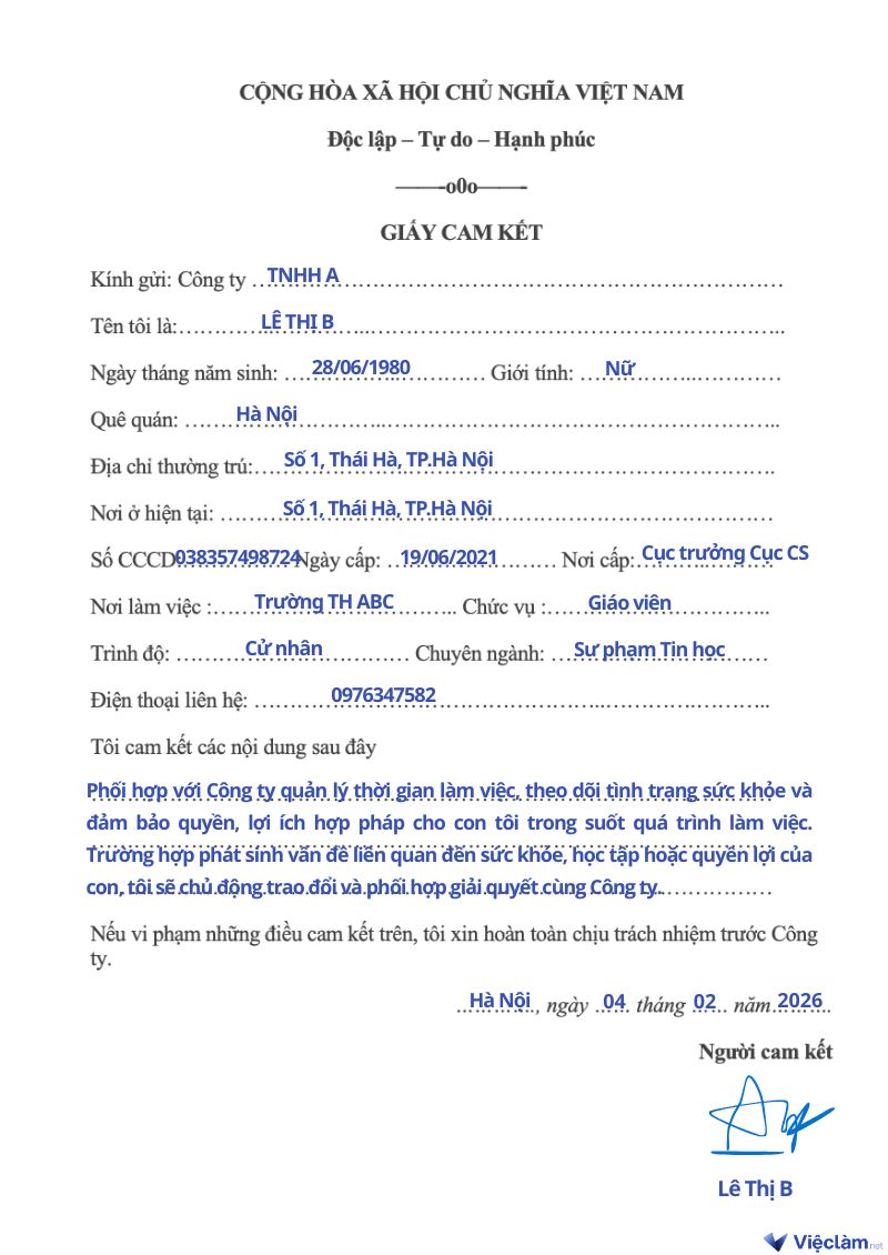 Cách viết Bản cam kết đồng ý cho con chưa đủ tuổi được đi làm