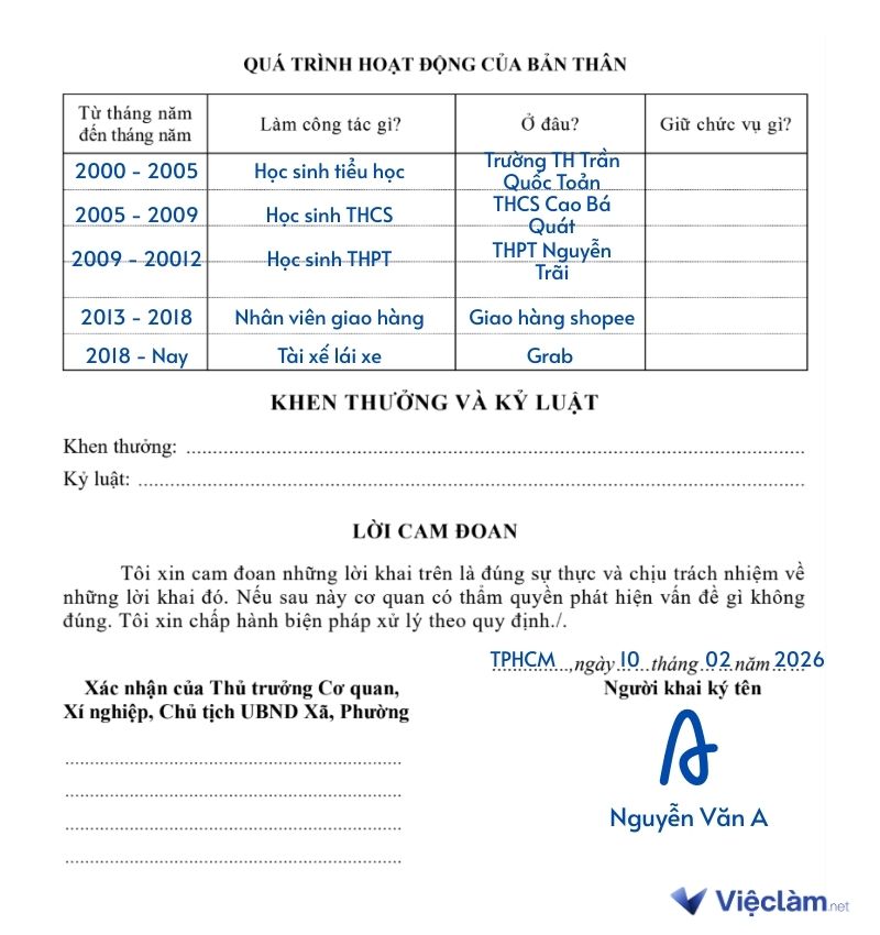 Hướng dẫn điền trang 4 sơ yếu lý lịch tự thuật