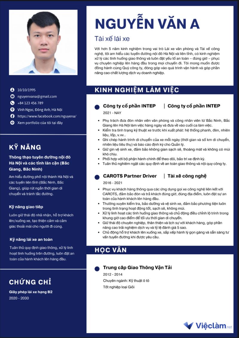 Mẫu CV xin việc tài xế lái xe