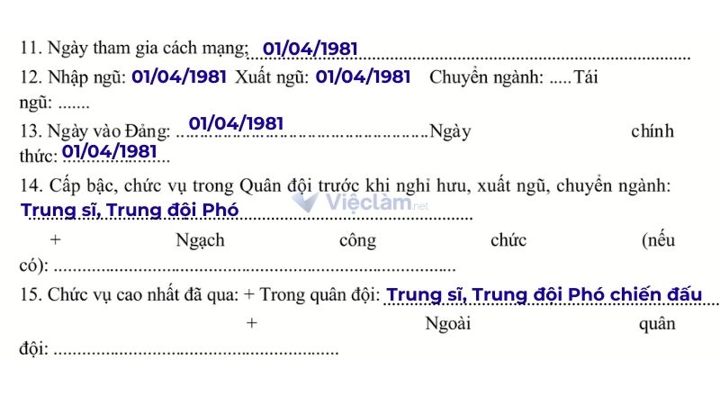 Cách điền phần thông tin tham gia cách mạng và quân ngũ