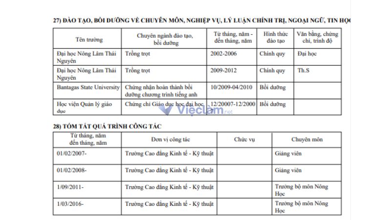 Cách ghi quá trình bản thân trong sơ yếu lý lịch cán bộ, công chức