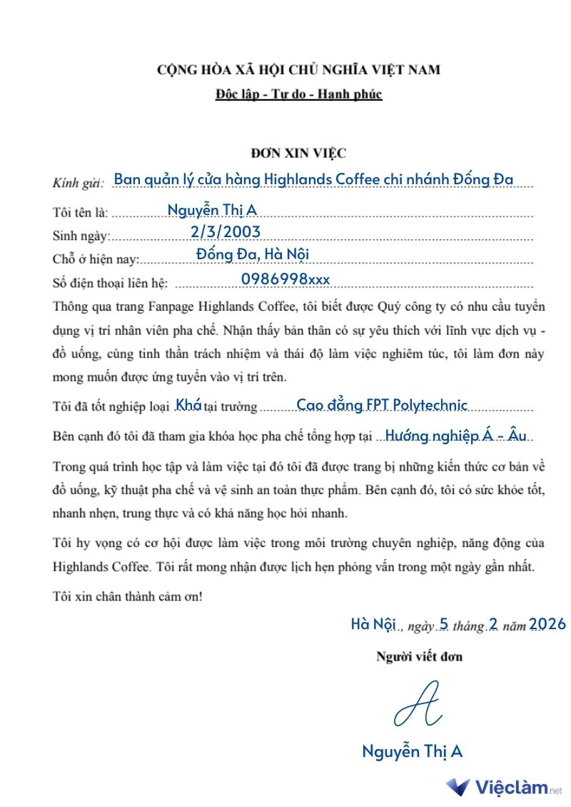 Mẫu hướng dẫn điền đơn xin việc Highlands Coffee