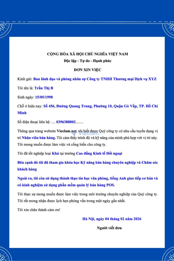 Cách điền đơn xin việc cho nhân viên phục vụ 