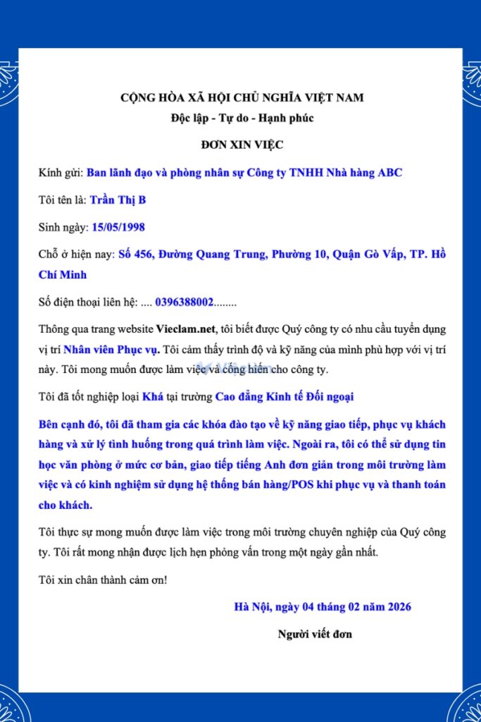 Cách điền đơn xin việc phục vụ