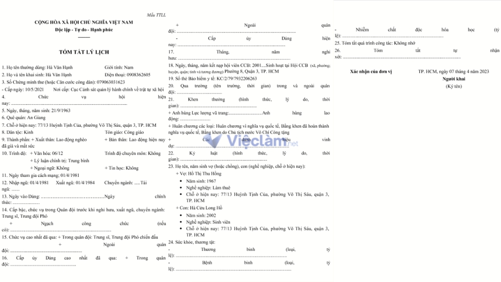 Mẫu sơ yếu lý lịch hội viên cựu chiến binh
