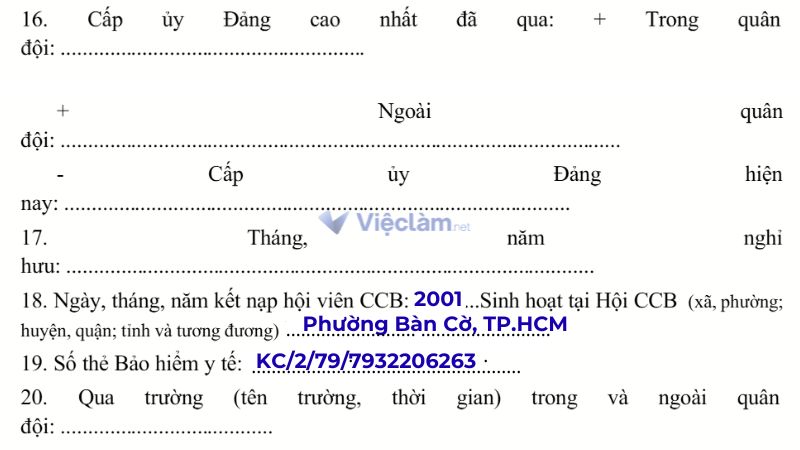 Cách điền thông tin Đảng, Hội Cựu Chiến binh và chức vụ hiện nay