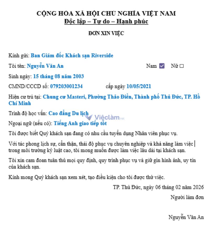 Mẫu đơn xin việc phục vụ khách sạn