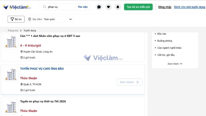 Tìm việc làm phục vụ uy tín tại Vieclam.net