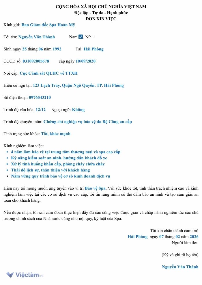 Mẫu đơn xin việc Bảo vệ spa