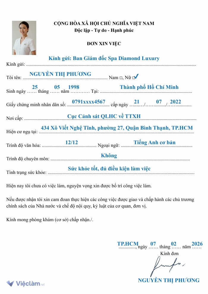 Mẫu đơn xin việc spa chung cho các vị trí