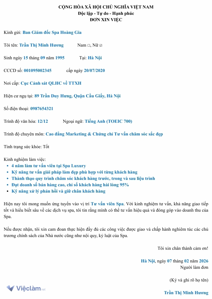 Mẫu đơn xin việc Tư vấn viên spa