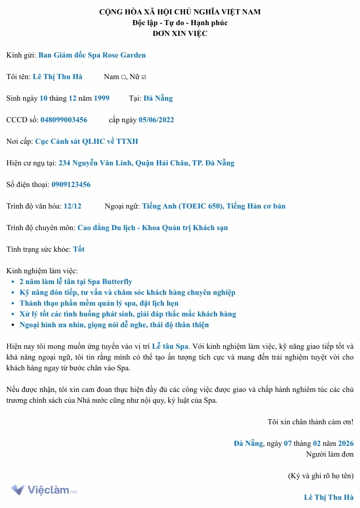 Mẫu đơn xin việc Lễ tân spa
