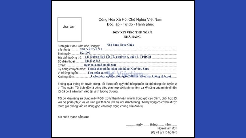 Mẫu đơn xin việc thu ngân Nhà hàng/Quán cafe