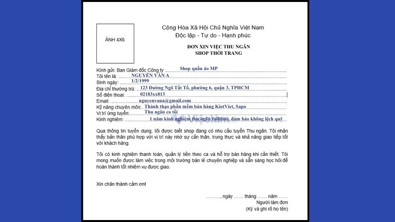 Mẫu đơn xin việc thu ngân Shop thời trang/Mỹ phẩm 
