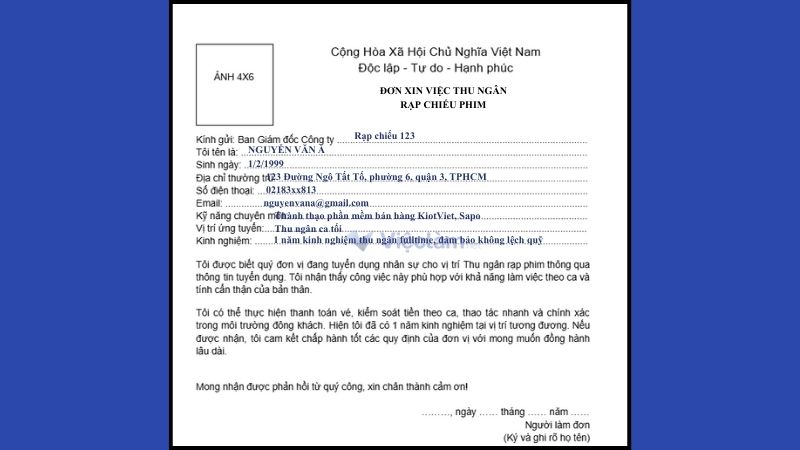 Mẫu đơn xin việc thu ngân Rạp phim/Khu vui chơi