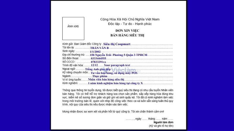 Mẫu đơn xin việc bán hàng và hướng dẫn cách điền chi tiết Mẫu đơn xin việc nhân viên bán hàng siêu thị