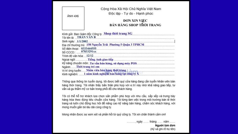 Mẫu đơn xin việc bán hàng và hướng dẫn cách điền chi tiết Mẫu đơn xin việc nhân viên bán hàng thời trang