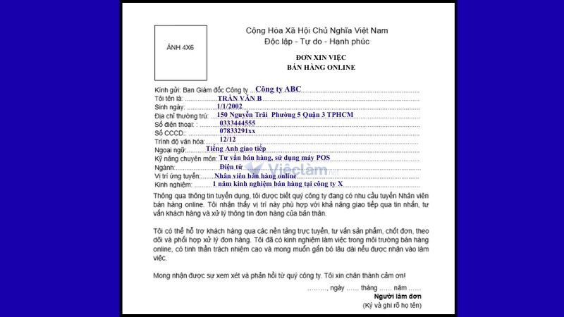 Mẫu đơn xin việc bán hàng và hướng dẫn cách điền chi tiết Mẫu đơn xin việc nhân viên bán hàng online