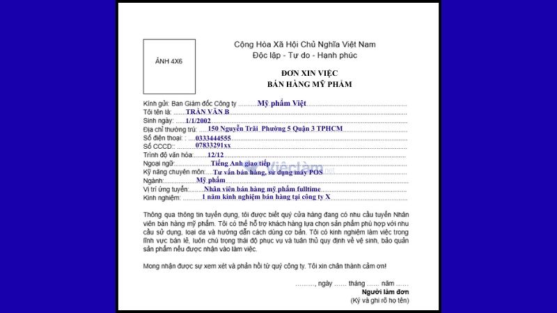 Mẫu đơn xin việc bán hàng và hướng dẫn cách điền chi tiết Mẫu đơn xin việc nhân viên bán hàng mỹ phẩm