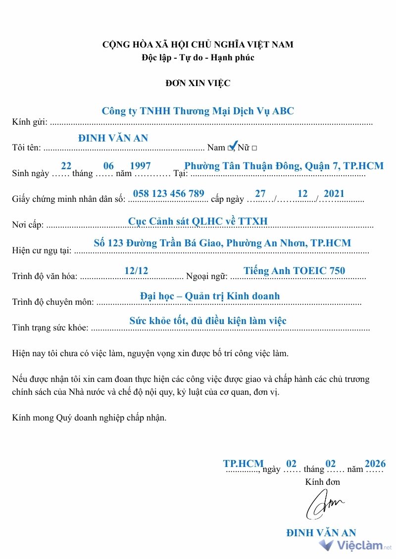 Hướng dẫn cách ghi đơn xin việc hành chính