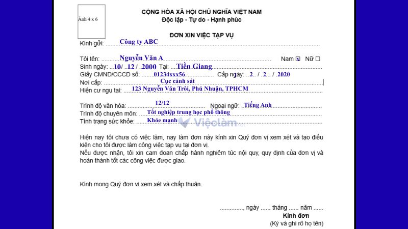 Mẫu đơn xin việc tạp vụ và hướng dẫn cách ghi chi tiết Mẫu đơn xin việc tạp vụ chung cho các vị trí