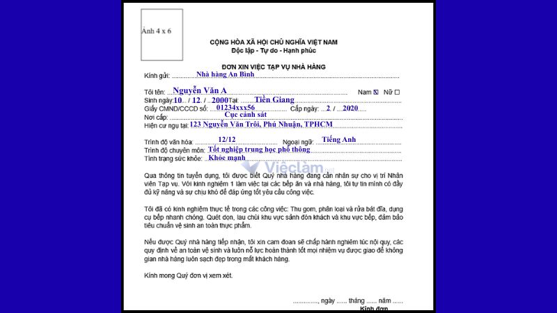 Mẫu đơn xin việc tạp vụ và hướng dẫn cách ghi chi tiết Mẫu đơn xin việc tạp vụ nhà hàng