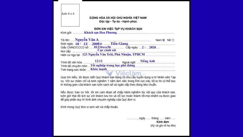 Mẫu đơn xin việc tạp vụ và hướng dẫn cách ghi chi tiết Mẫu đơn xin việc tạp vụ khách sạn