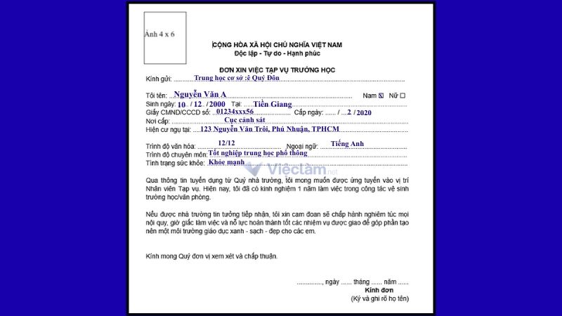 Mẫu đơn xin việc tạp vụ và hướng dẫn cách ghi chi tiết Mẫu đơn xin việc tạp vụ trường học