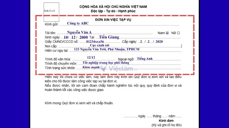 Mẫu đơn xin việc tạp vụ và hướng dẫn cách ghi chi tiết Cách điền đơn xin việc tạp vụ