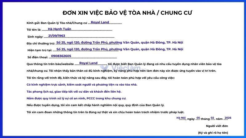 Mẫu đơn xin việc bảo vệ và hướng dẫn cách ghi chi tiết Mẫu đơn xin việc bảo vệ tòa nhà / chung cư