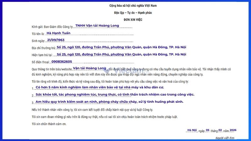 Mẫu đơn xin việc bảo vệ và hướng dẫn cách ghi chi tiết Mẫu đơn xin việc bảo vệ chung cho các vị trí