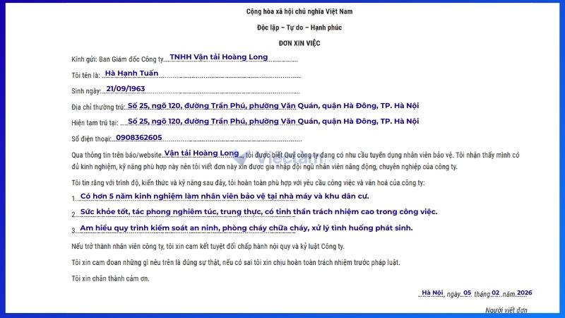 Mẫu đơn xin việc bảo vệ và hướng dẫn cách ghi chi tiết Hướng dẫn cách ghi đơn xin việc bảo vệ